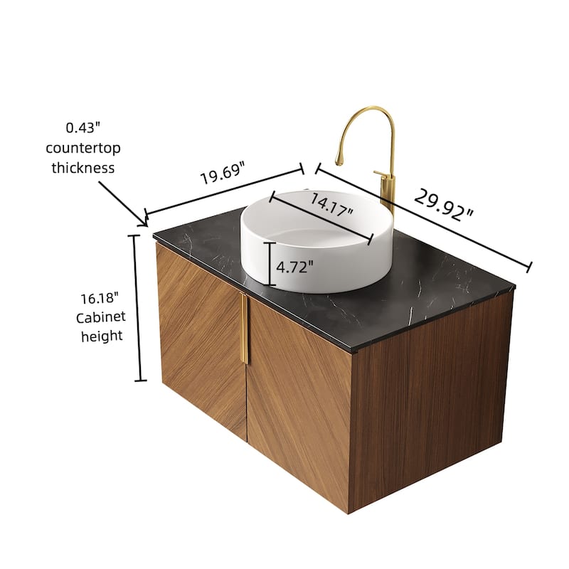 Brown Oak Grain Finish Cabinet with Diagonal Design and White Round Basin, Wall Floating Storage Cabinet with Soft Close System