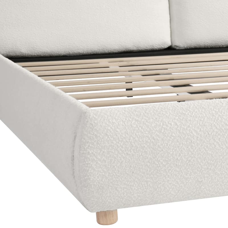 White Low-Profile Platform Bed Boucle Fabric Upholstered Frame with Wood Slat Metal Legs Support, 2 Removable Pillows Headboard