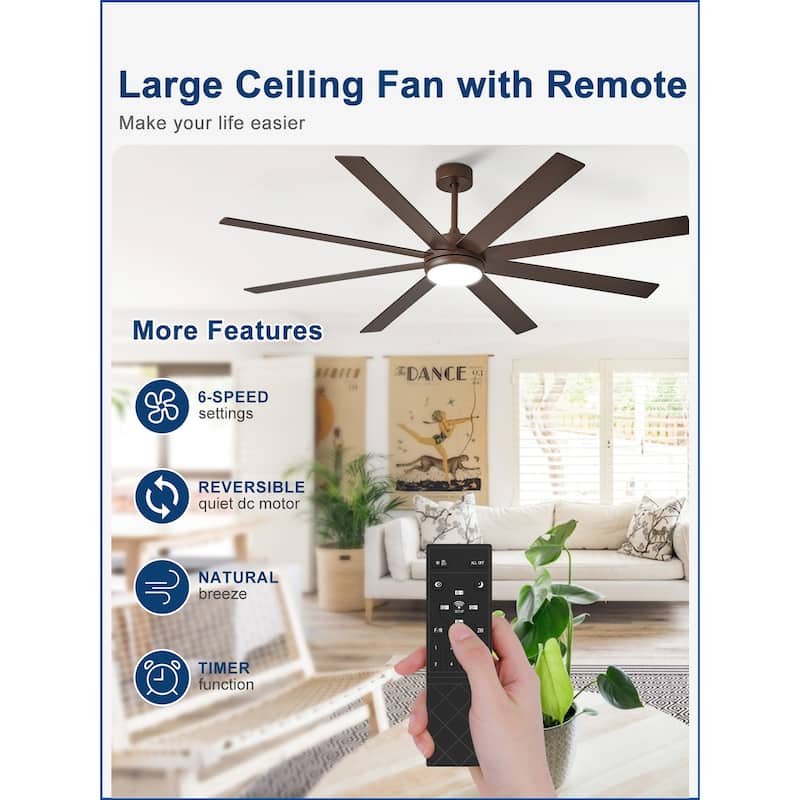 Large Ceiling Fan with Light - 8-Blade, Remote App Control, Dimmable 3CCT, Quiet DC Motor​, 66/72 Inches