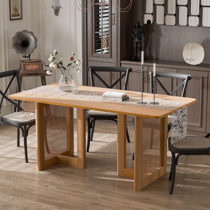 Farmhouse Kitchen Dining Room Table Furniture Square Kitchen Table with Rattan Woven Legs for Kitchen Bar Living Room - 67"x33.5" - Oak