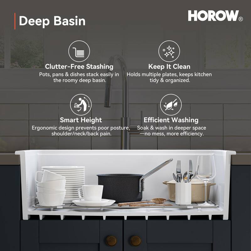 HOROW 33 in. Drop-In Single Bowl Ceramic White Kitchen Sink Standard and Bottom Grid, Drain Assembly, Cutting Board