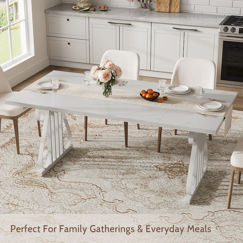 Dining Table with Faux Marble Top, Kitchen Table for 6-8 People, Home Office Table with Adjustable Feet - White