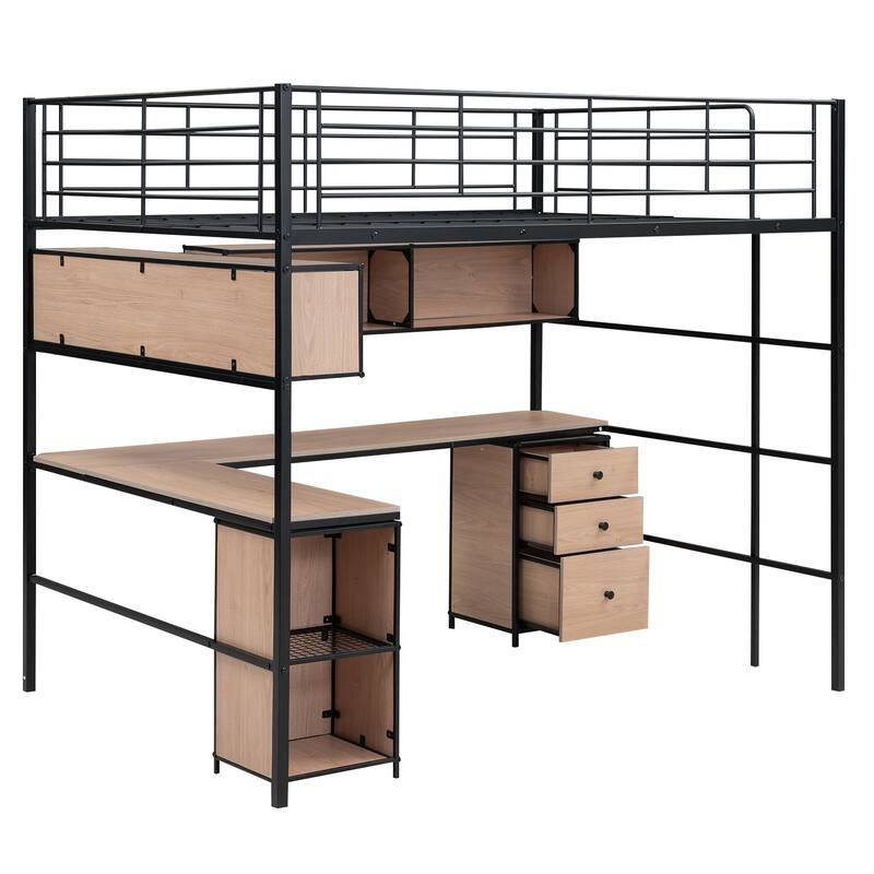 Full Metal Loft Bed with Bookcase, Desk, Cabinet, and Guardrail