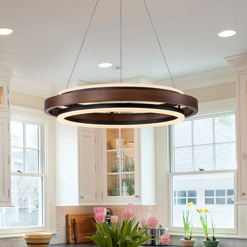 Modern 24" Walnut LED Wood Chandelier Ring Chandelier for Living Room Foyer - W 23.62"