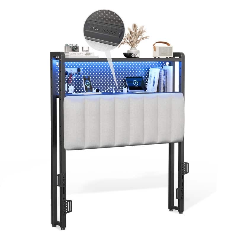 Adjustable Upholstered Headboard with 2 Tier Shelves with Charging Stations and LED Lights, Modern Bed Headboard with Storage