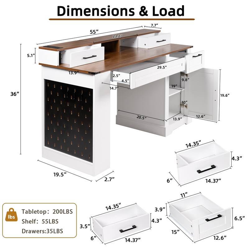 55" Farmhouse Office Desk with Storage, Charging Station, Barn Door & Keyboard Tray