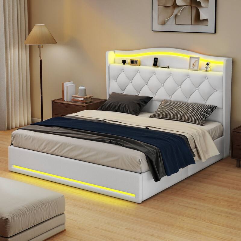 Moasis Queen Size Velvet Upholstered Bed Frame with 4 Storage Drawers & RGB Lights - Beige - Queen