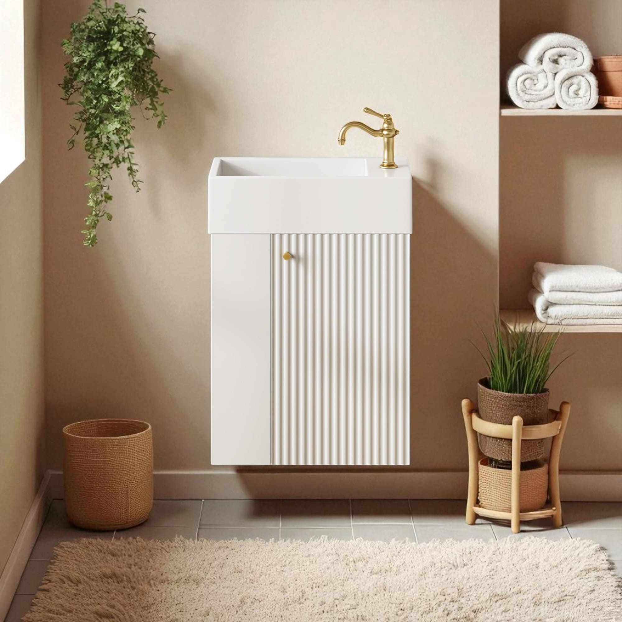 18.5" Wall-Mounted Bathroom Vanity with Resin Sink, Left Side Storage, Soft-Close Door, Compact Design for Small Spaces