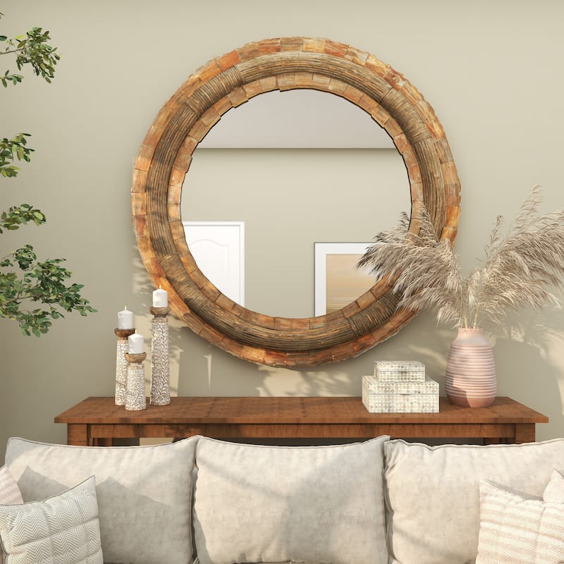 Brown Wood Large Room Wall Mirror with Layered Wood Chip and Stick Design