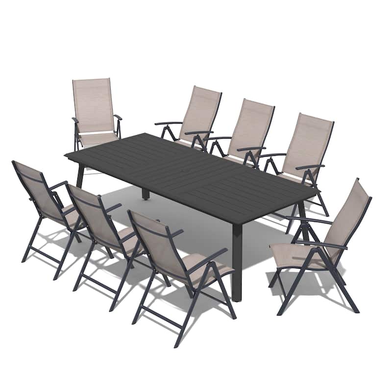 9-Piece Outdoor Dining Set Aluminum Dining Table with Umbrella Hole and Adjustable Folding Chairs