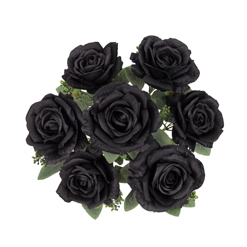 Set of 2 Deluxe Black Artificial Elegant Rose Flower Stem Bush Bouquet 17in - 17" L x 10" W x 10" DP