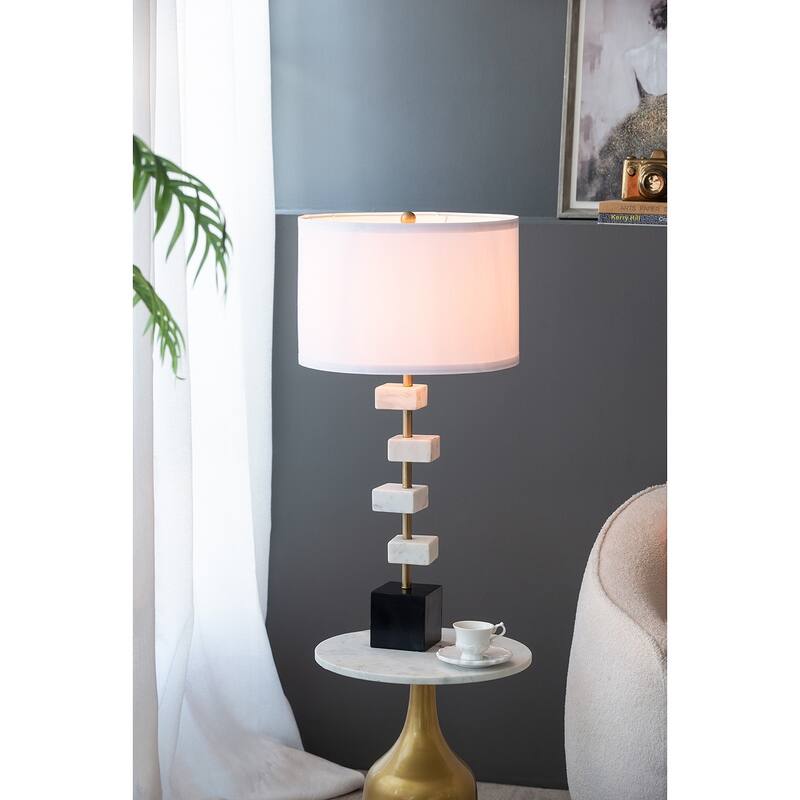 Marble Table Lamp with Brass Frame and White Fabric Shade Modern Vintage Style - Black White