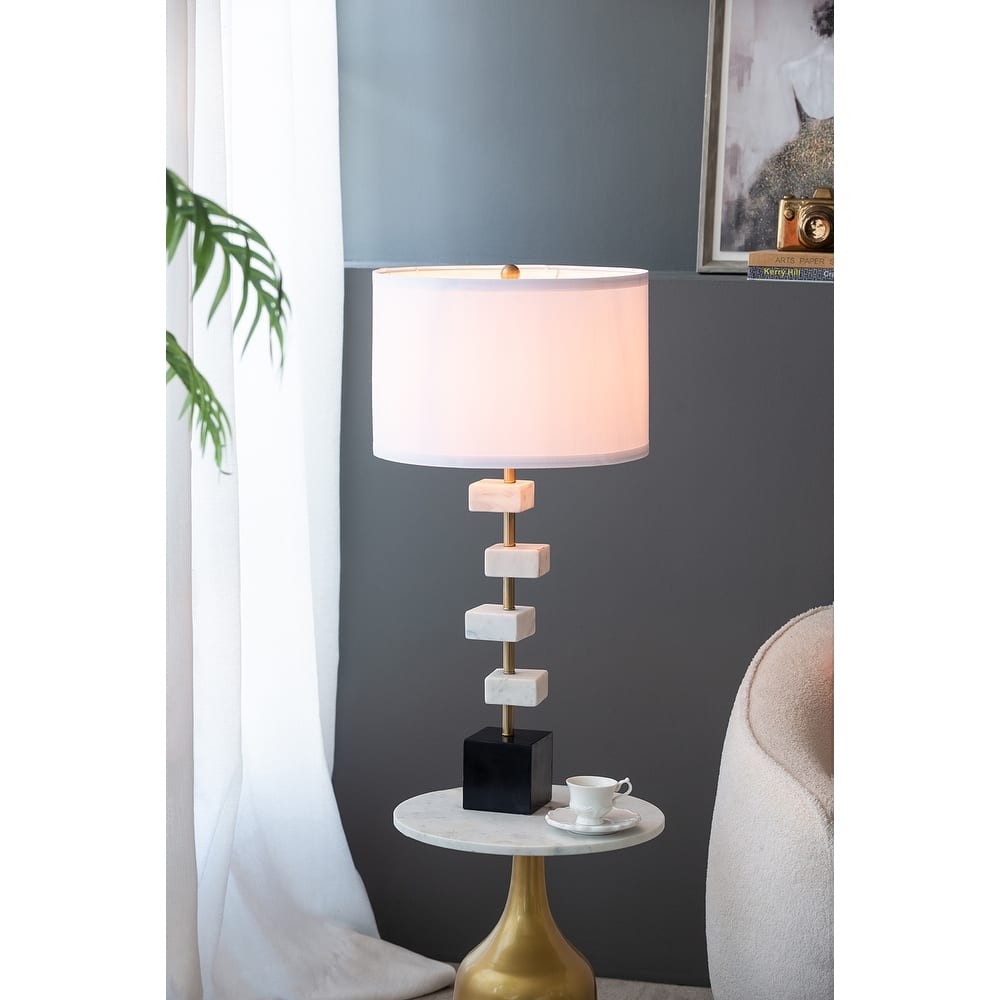 Marble Table Lamp with Brass Frame and White Fabric Shade Modern Vintage Style