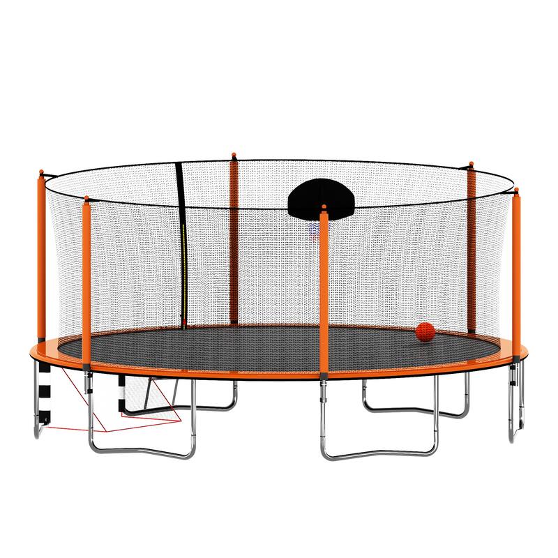 16FT Trampoline with Basketball Hoop, Pump, Ladder, Soccer Goal & Inner Safety Enclosure - Orange