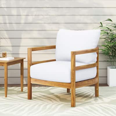 Roomfitters Outdoor Acacia Wood Patio Club Chair with Waterproof Cushions, Teak Finish, Deep Seating for Porch, Balcony, White