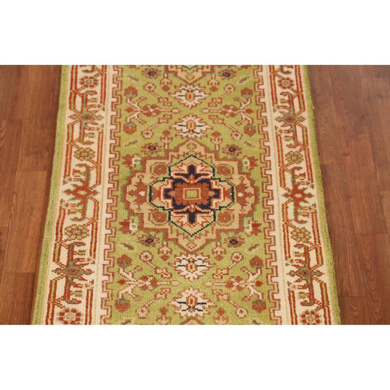 Light Green Heriz Serapi Indian Runner Rug Hand-Knotted Wool Carpet - 2'6" x 8'0"