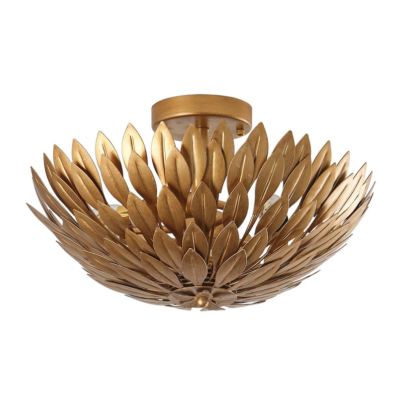 Antique Gold Olive Leaf 3-Light Semi Flush Mount Ceiling Light - 16" W x 10.1" H