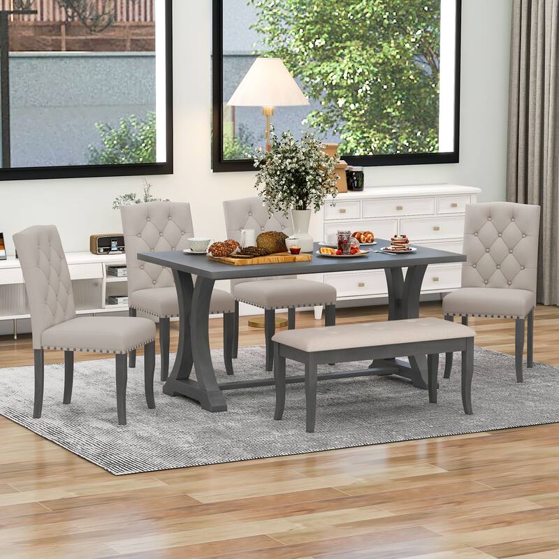 6-Piece Farmhouse Dining Table Set, Rectangular Trestle Table and 4 Upholstered Chairs & Bench