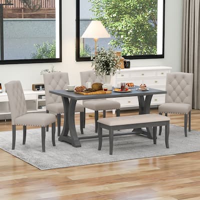 6-Piece Wooden Dining Table Set with Rectangular Table, 4 Chairs & Bench