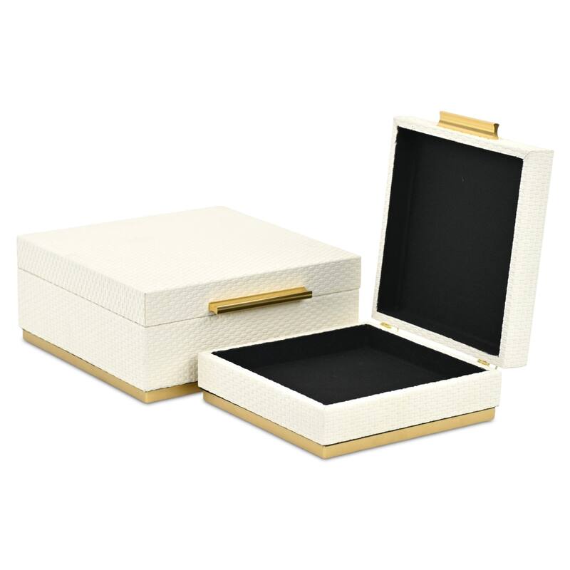 Tamsin Set of 2 Square Decorative Storage Boxes - Wicker Weave Pattern with Gold Hardware