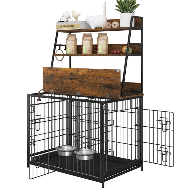 37.4 in Wooden Dog Crate Furniture FlipTop Kennel with 3 Storage Shelves and Bowls