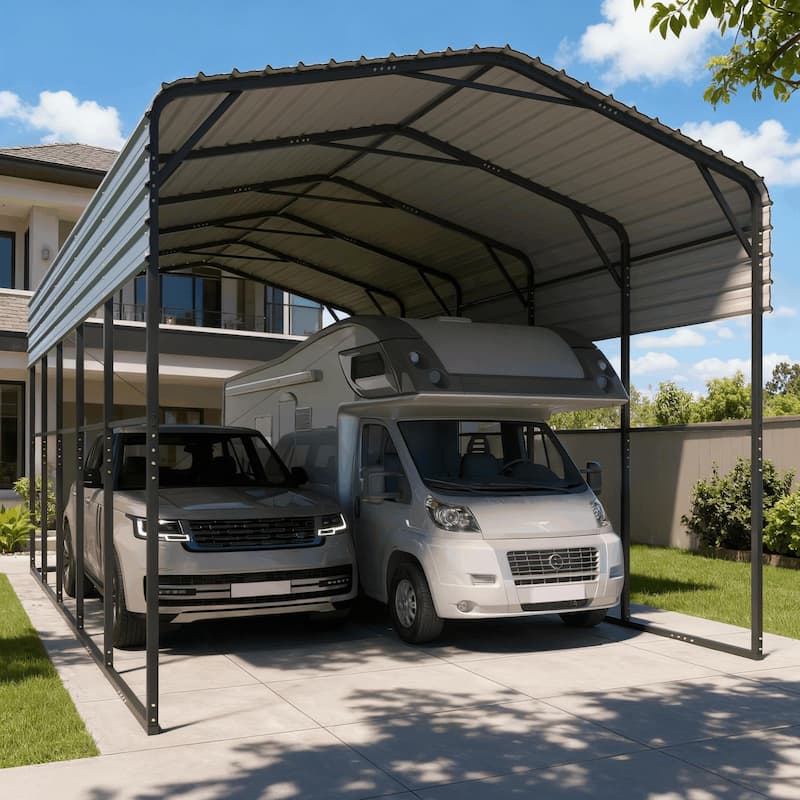 Heavy-Duty Metal Carport with Upgraded Galvanized Steel Roof – Ideal Shelter for Cars, Boats, and Tractors - 14'x25' - Curved Roof