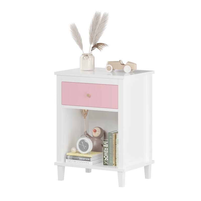 Wooden 2-Tier Kids Nightstand Small Side Table with Drawer and Open Shelf for Bedroom
