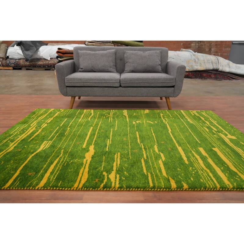 Hand Knotted Oriental 100% Wool Carpet Modern Stripe Green Gabbeh Area Rug - 7' 9'' X 5' 5''