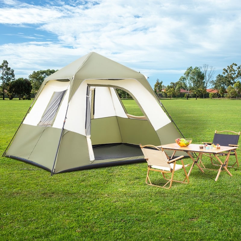 6 Person Beige Green Family Camping Tent - 6 person