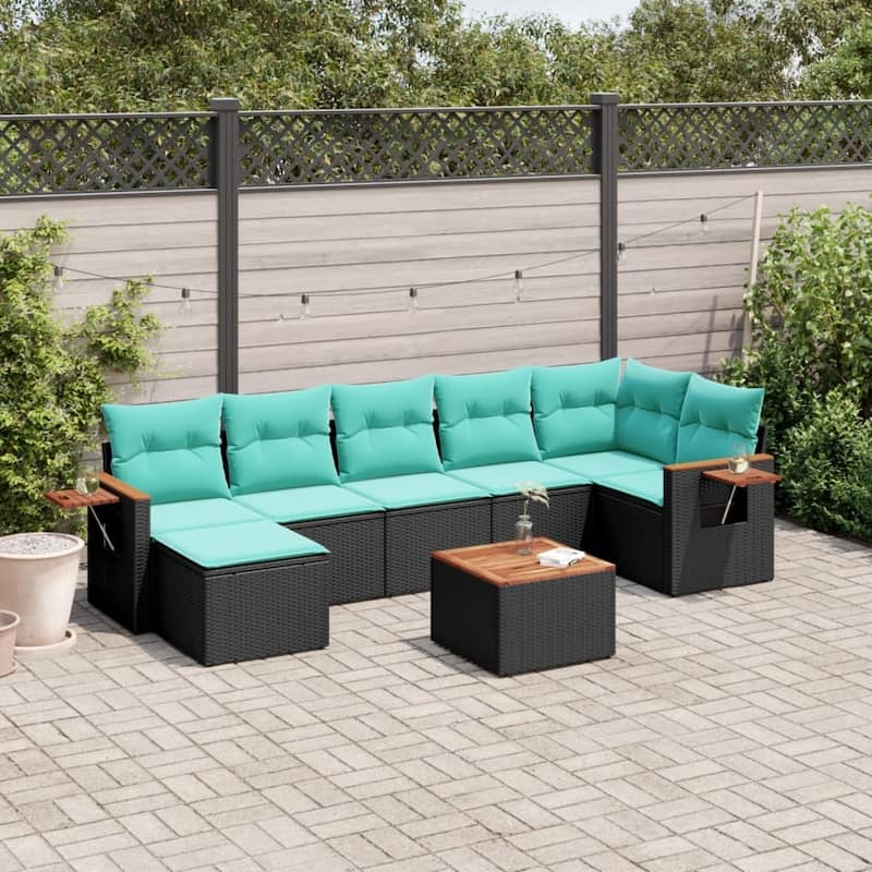 vidaXL 7 Piece Patio Sofa Set with Cushions Black Poly Rattan - 21.7x27.2x24.4-With table