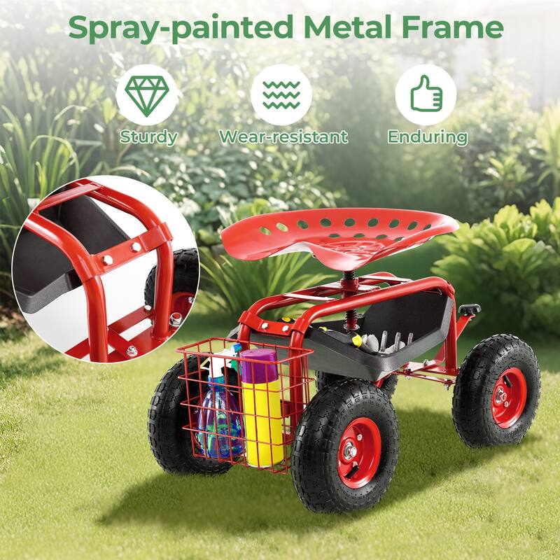 Gymax Cart Wagon Rolling Work Seat w/ Tool Tray Basket Planting Patio
