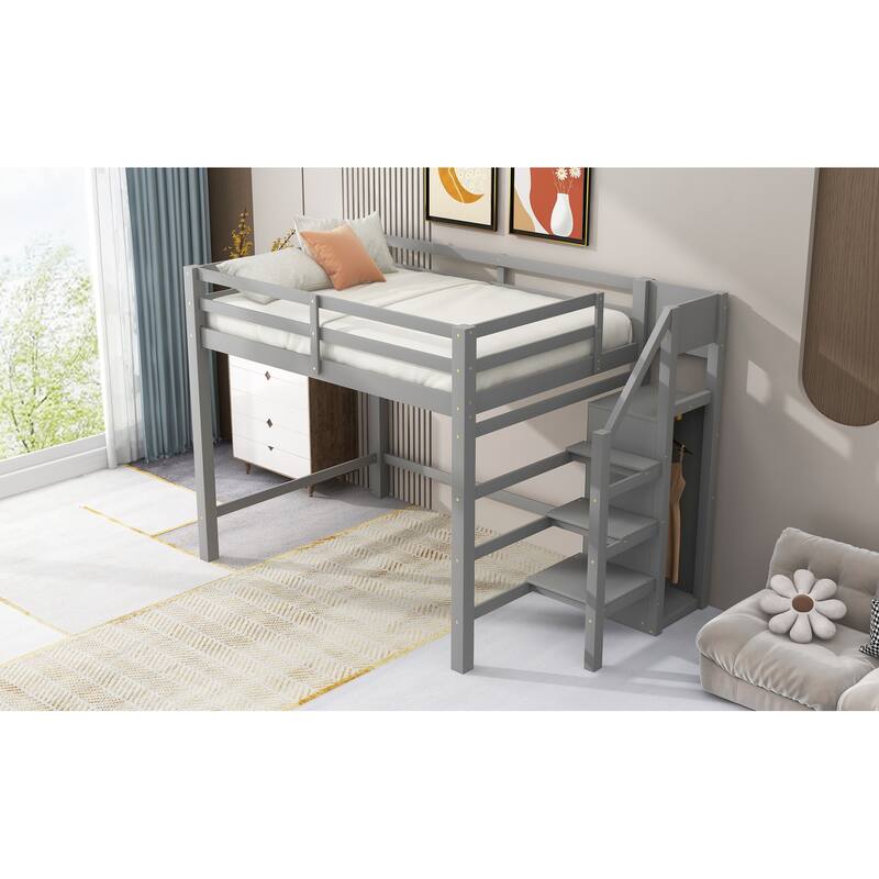 Full Size Loft Bed with Built-in Storage Wardrobe and Staircase in Gray