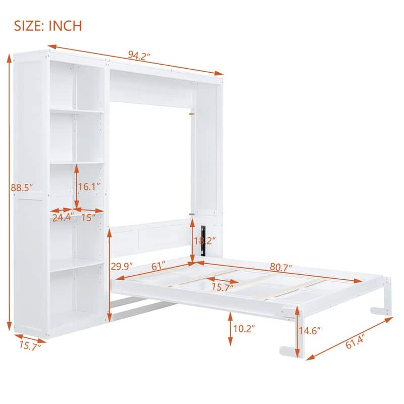 Queen Size Wooden Murphy Bed Wall Bed with Shelves