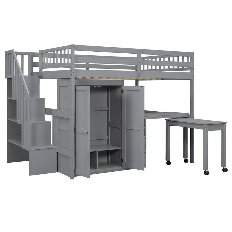 Full Size Loft Bed with Stairs, Bookshelf, Drawers, Desk & Wardrobe - Space-Saving Multifunctional Furniture for Kids & Teens