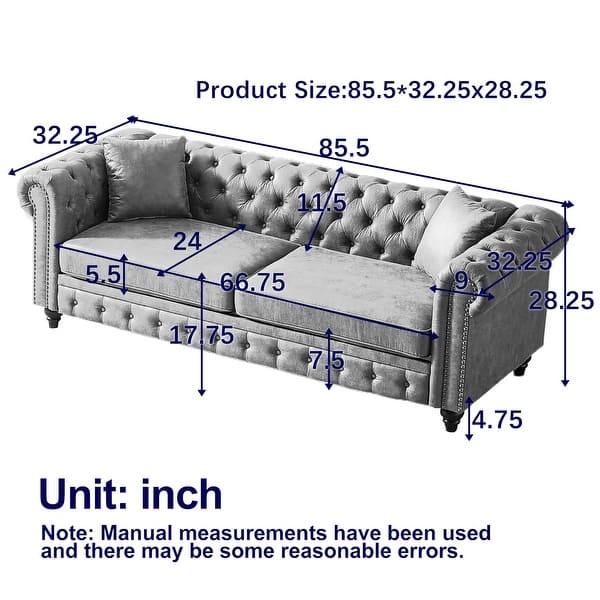 Oaks Aura 85.5in. Modern Fabric Chesterfield Sofa with Rolled Arms, 3 Seater Sofa with Button Design and 2 Cushions