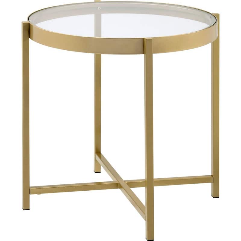 24 in. Gold and Clear Round Glass End Table, Sturdy Build End Side Table for Living Rooms