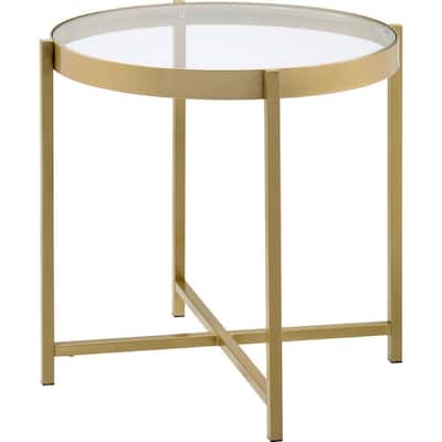 24 in. Gold and Clear Round Glass End Table, Sturdy Build End Side Table for Living Rooms