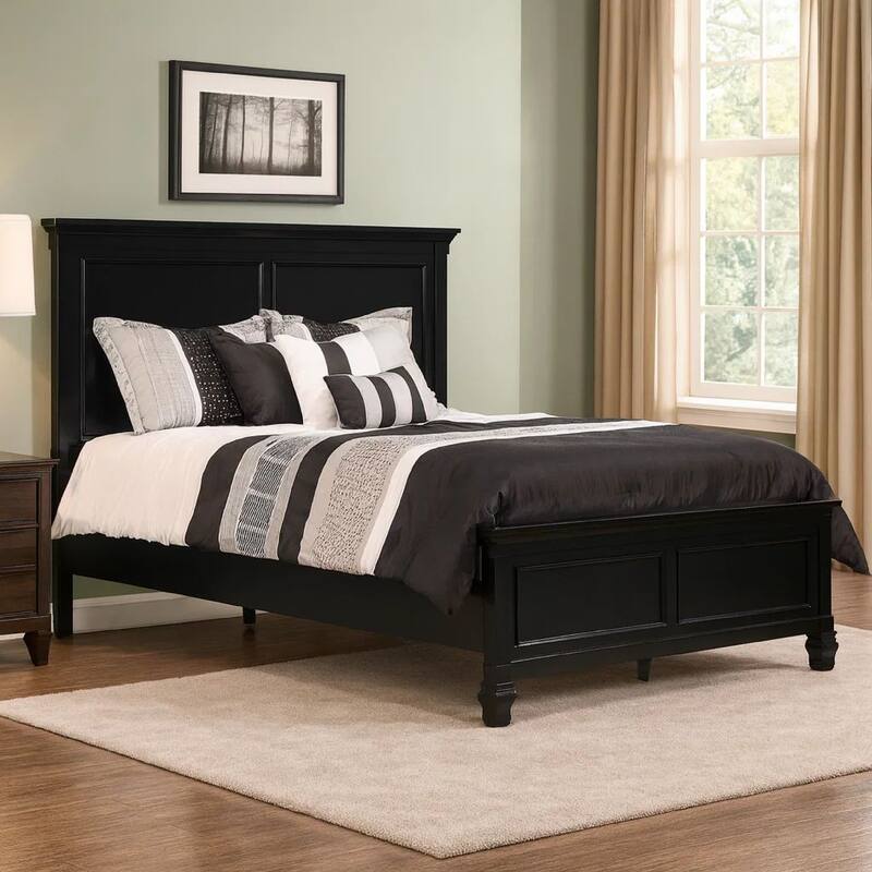 Umi Full Size Bed, Classic Panel Design with Molded Details, Black Wood