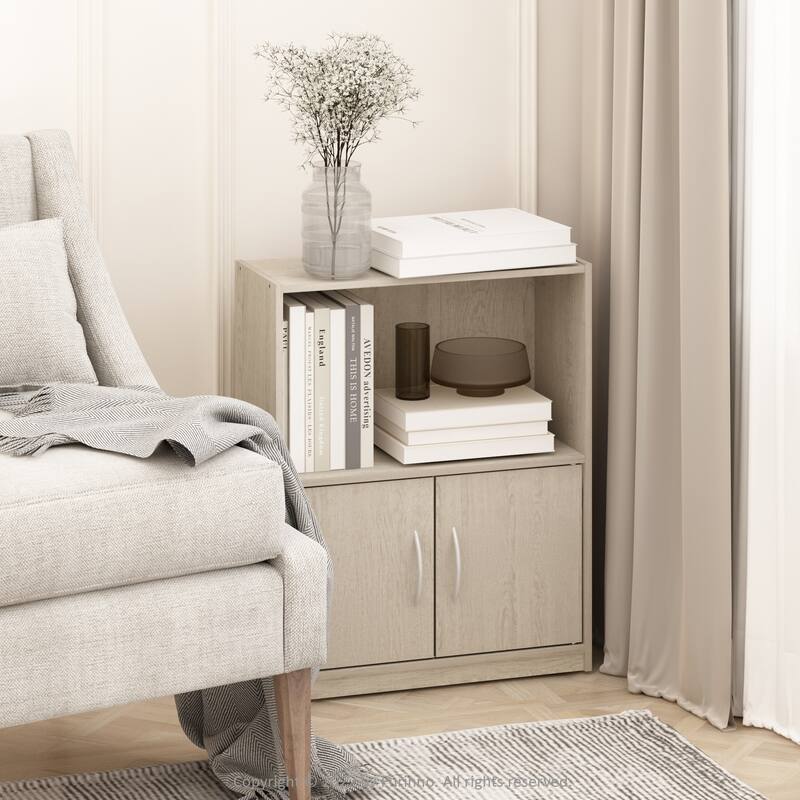 Furinno Gruen 2-Tier Open Shelf Bookcase with 2 Doors Storage Cabinet