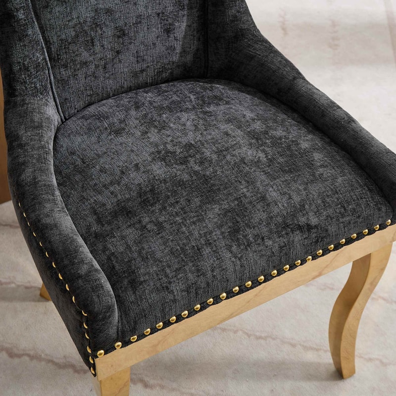 Chenille Dining Chairs, Modern Upholstered Accent Chair with Curved Gold-Plated Legs & Rivet Trim, Plush Fabric, Set of 2