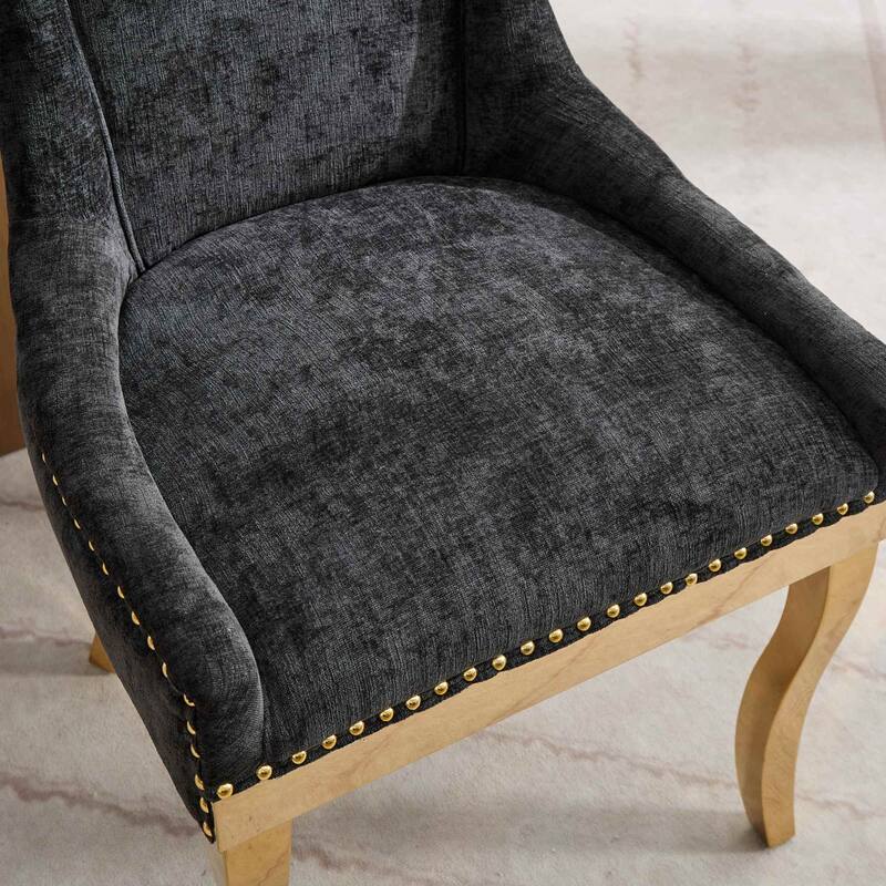 Chenille Dining Chairs,Curved Gold - Plated Legs & Rivet Trim,Accent Seating With Textured Fabric&One-Piece Structure,Set Of 2
