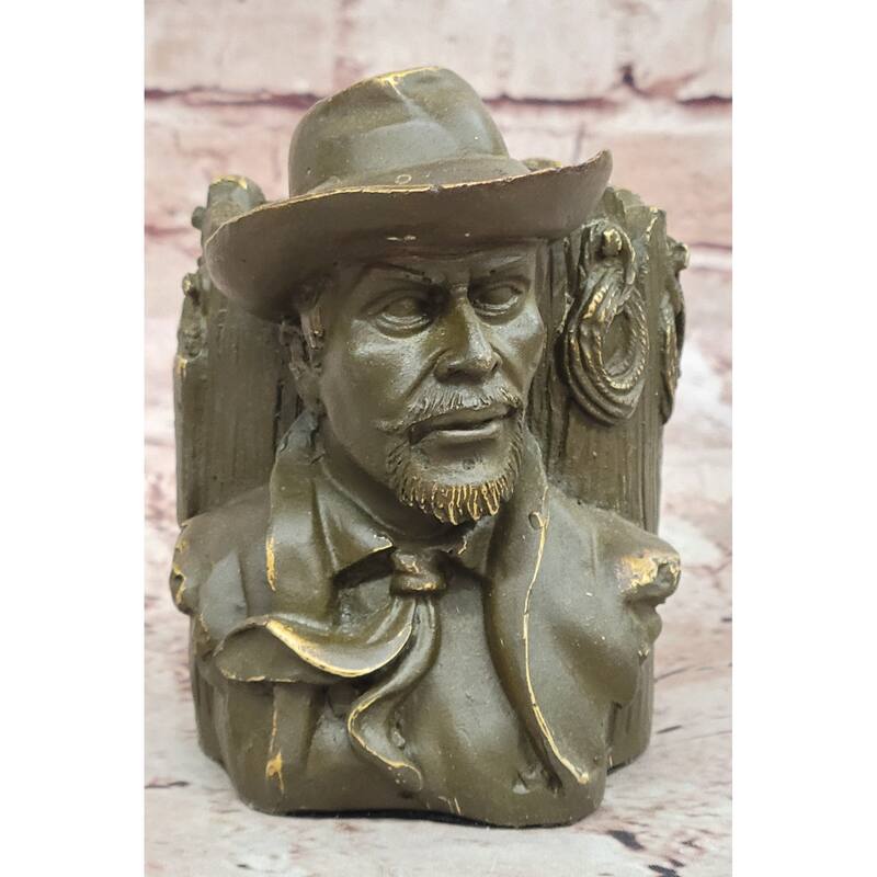 Western Cowboy Bust Bronze Pen Holder – Rustic Desk Decor
