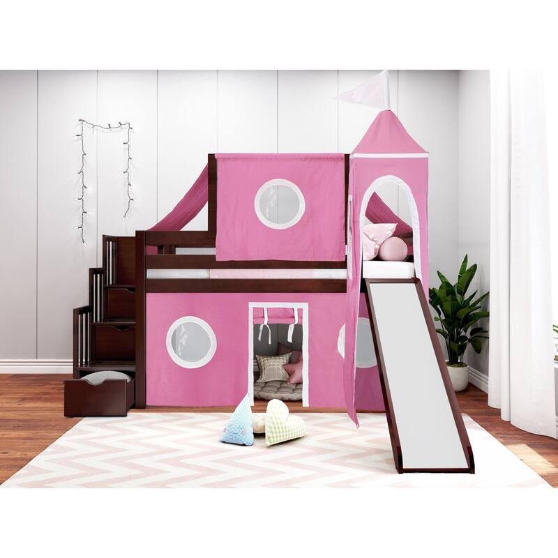 JACKPOT Prince & Princess Low Loft Twin Bed, Stairs Slide Tent & Tower