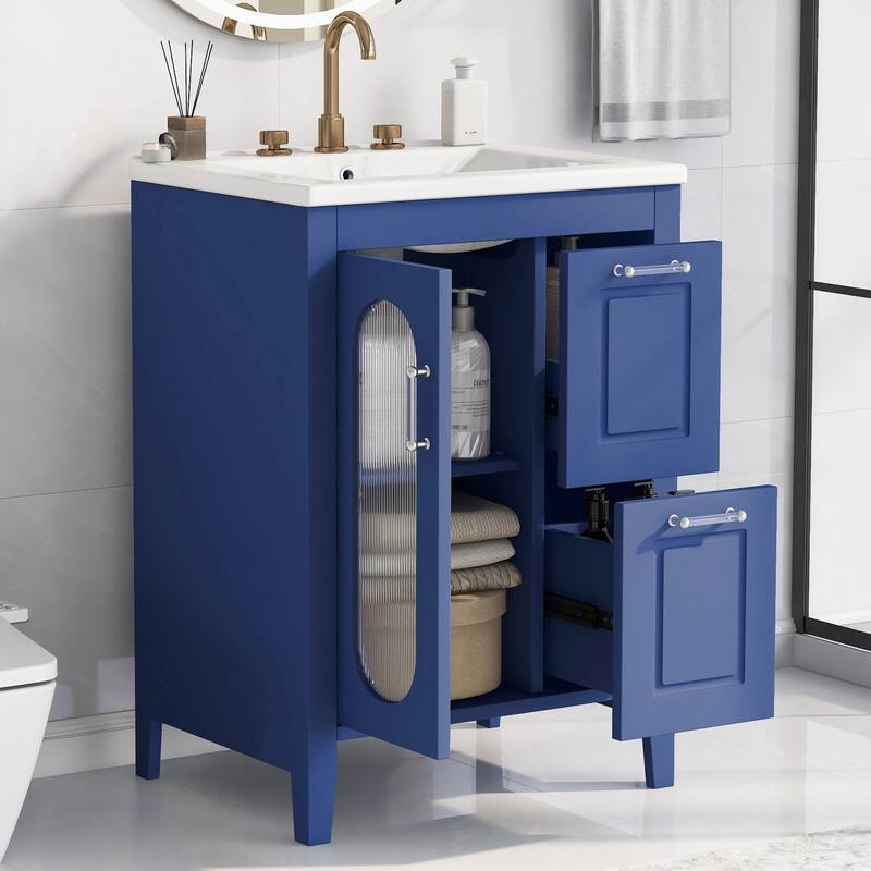 Bathroom Vanity with Sink, Vanity Set with Glass Door and 2 Drawers, Wooden Bathroom Cabinet with Adjustable Shelf