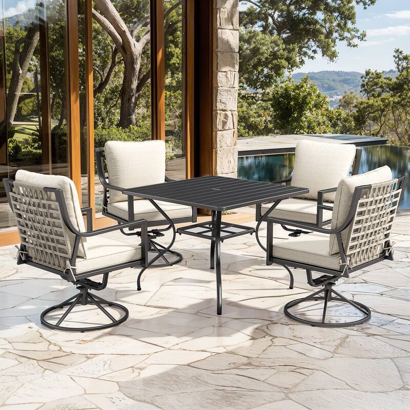 5-Piece Outdoor Patio Dining Set with 4 Swivel Chairs & 1 Square Table - Bistro Set for Garden, Deck, Backyard, Porch