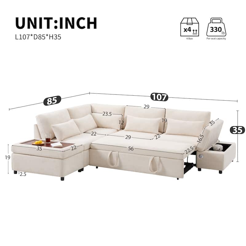107'' 6 Seat Modular Sectional Sofa with USB Charging, L shape Oversize Pull-out Sofa Bed with Storage Ottoman