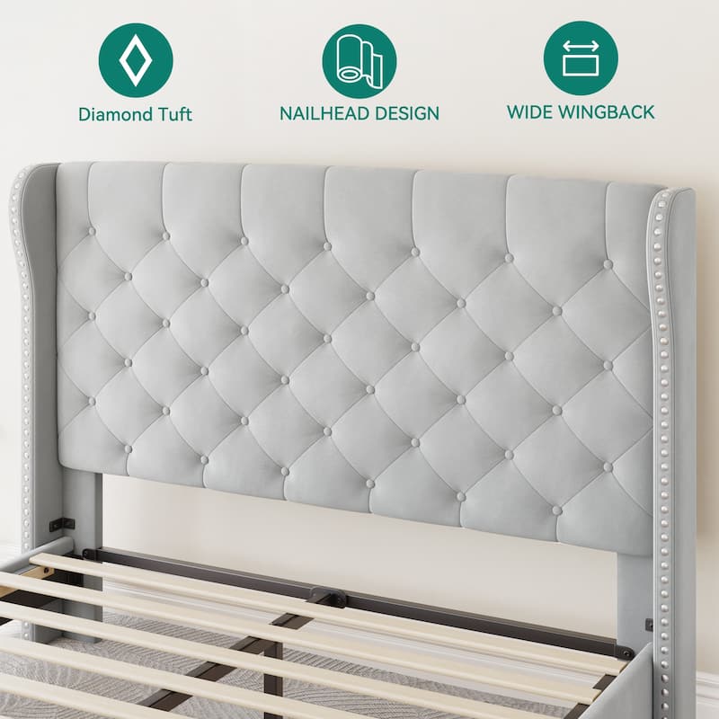 Queen Velvet Wingback Upholstered Headboard Platform Bed
