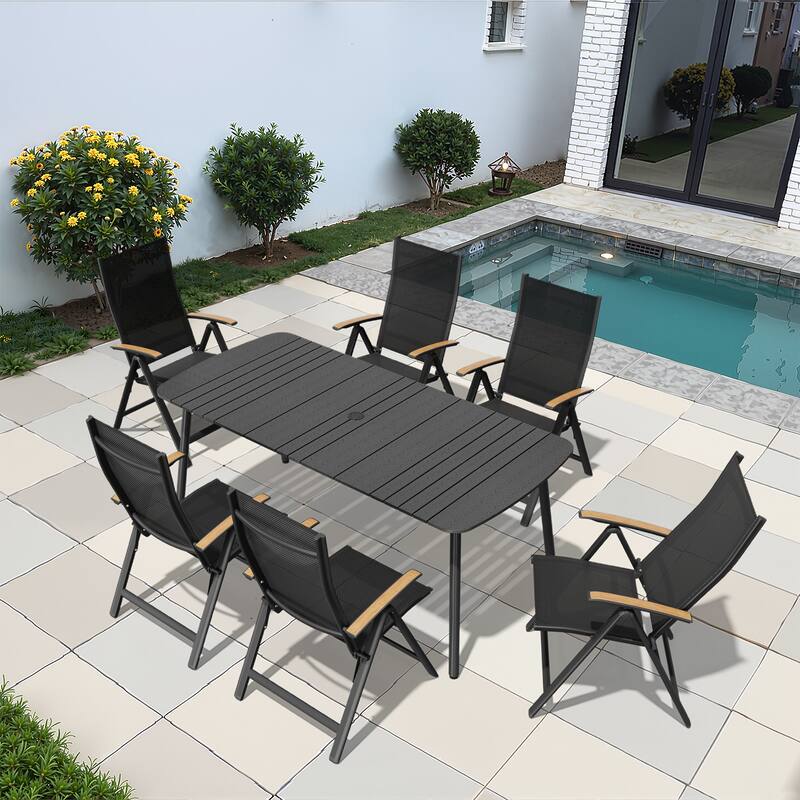 7/9PC Patio Dining Table Rectangular Aluminum Outdoor Table with Folding Chairs - 70.9in-BlackTable-7PC