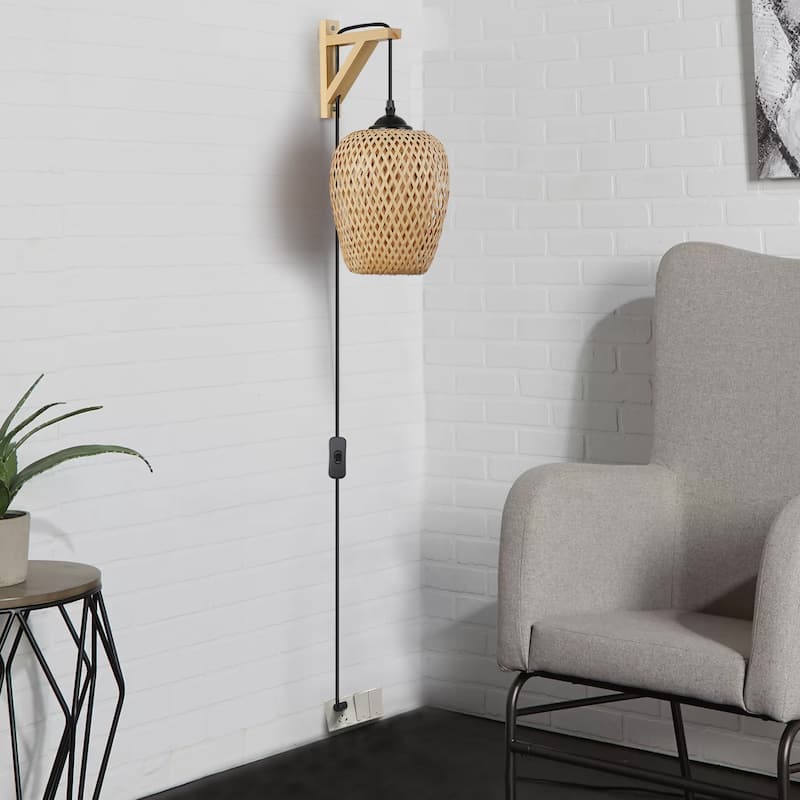 Modern Bamboo Plug in Wall Light Fixture with Switch - Farmhouse Hand Woven Rattan Drop-Shaped Wicker lampshade for Living Room