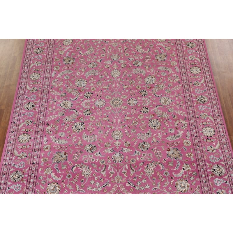 Floral Pink Kashan Oriental Area Rug Handmade Wool & Silk Carpet - 9'0"x 12'0"